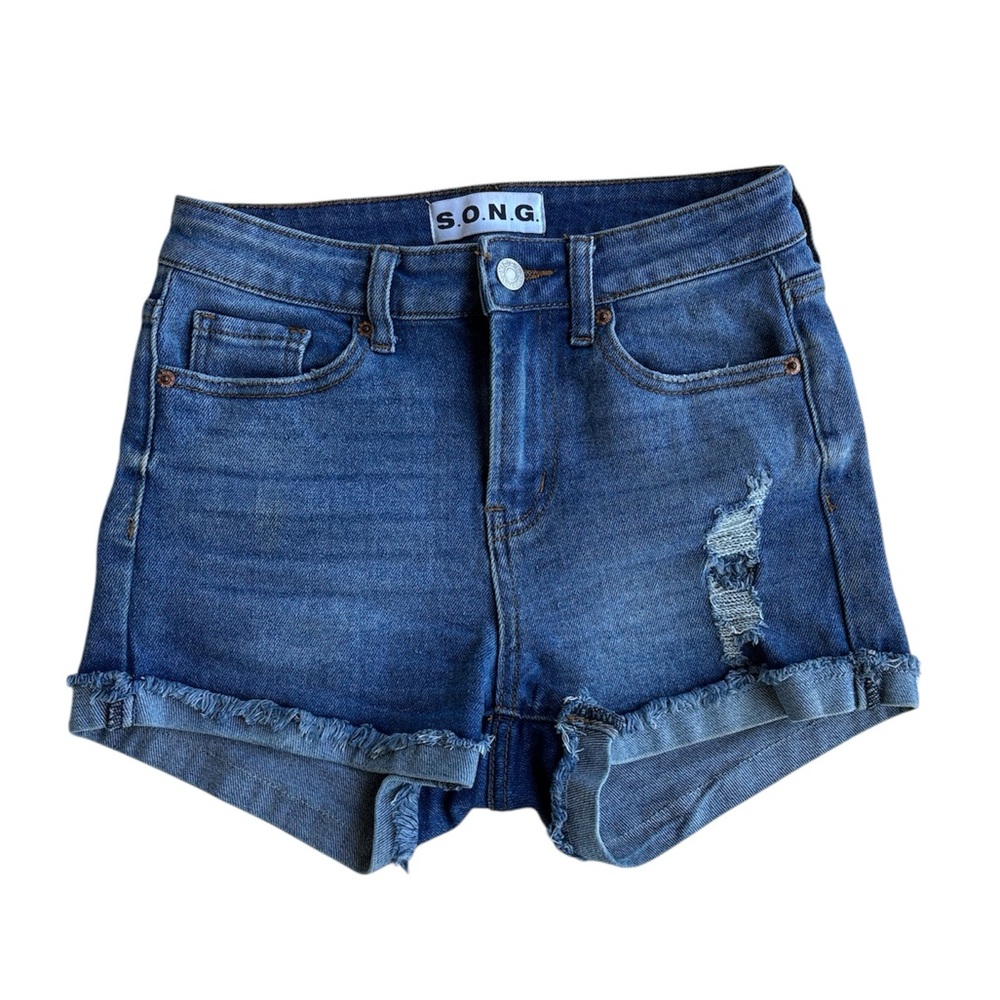 S.O.N.G. Women's Distressed Cuffed Frayed Hem Blue Denim Jeans Shorts Size 1/25